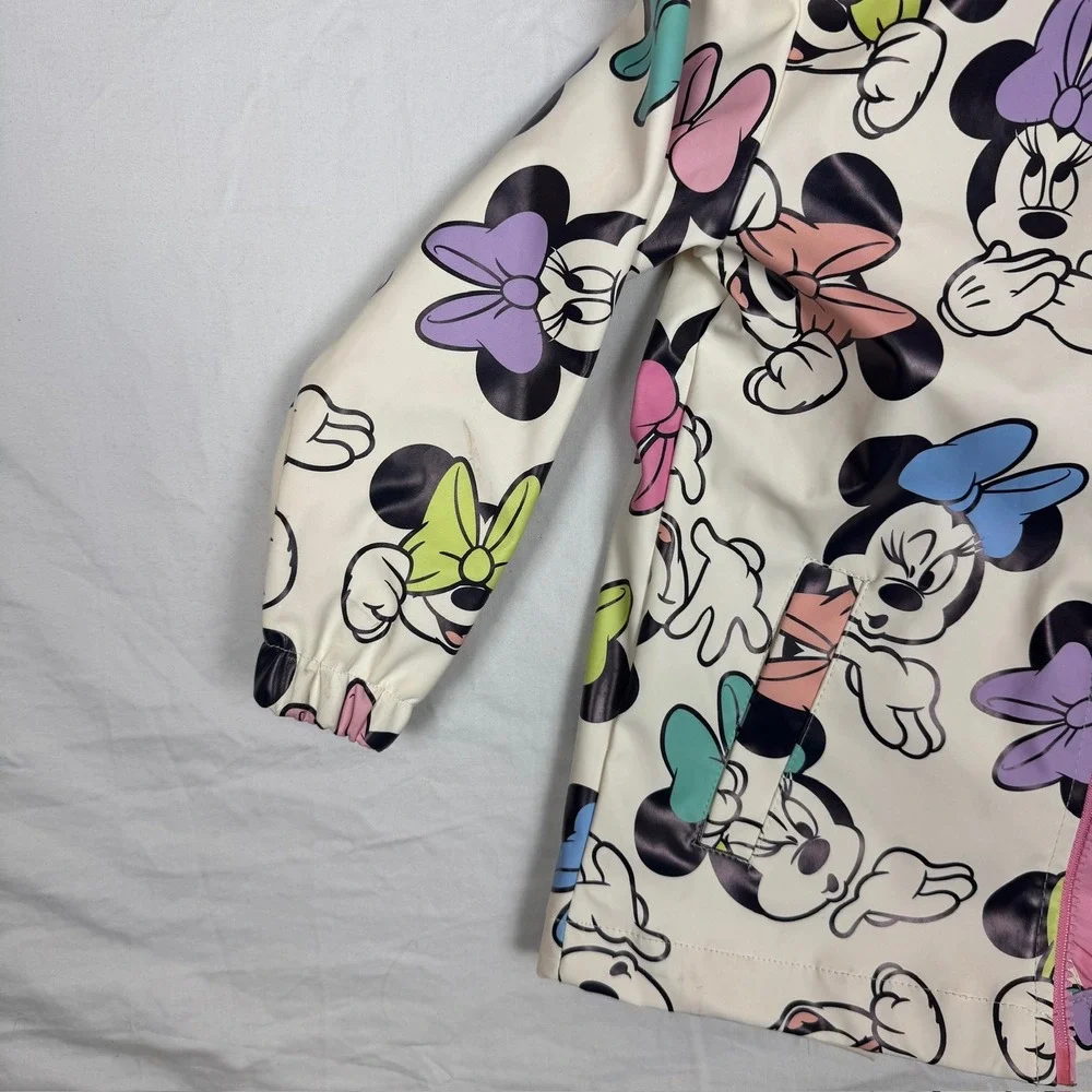 Disney Minnie Mouse Girls Hooded Rain Jacket Windbreaker White Pink Size 5/6